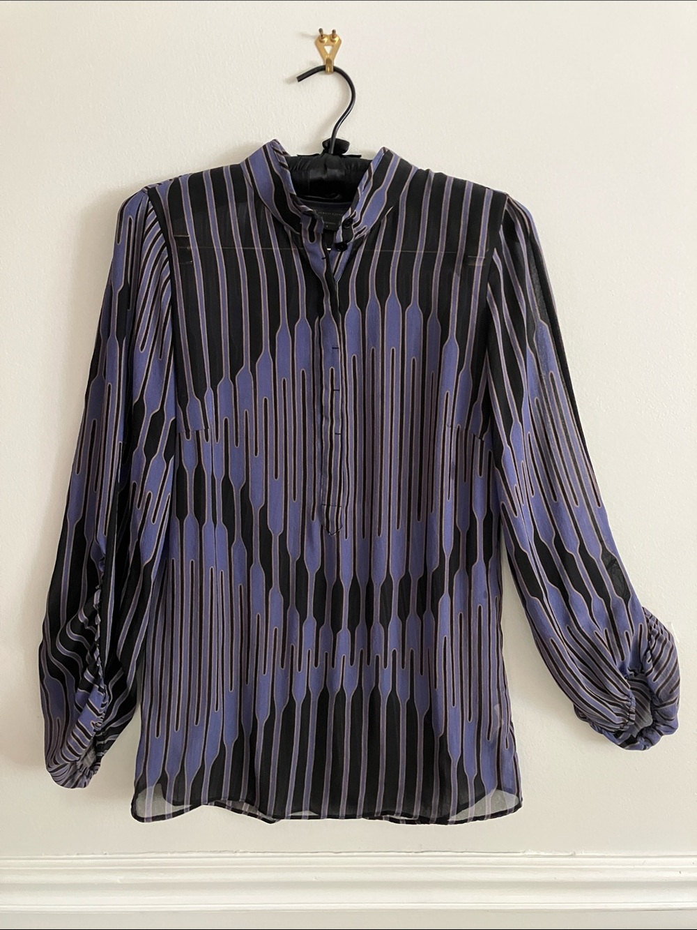 Armani Exchange Long-Sleeve Patterned Blouse in Black and Cobalt